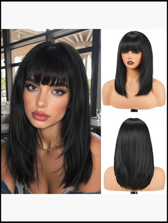 Straight Layered Wig with Bangs Shoulder Length Heat Resistant Natural Look for main image 5